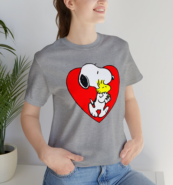 Peanuts Hug Chick Snoopy T-Shirt Tee for Youth, Bday Shirt, Gift for BFF, 70's, Valentine's Day Shirt, Valentines Tee, Plus Size Shirt, % 100 Cotton Custom Shirt, Valentine Snoopy and Woodstock Lots of Love Short Sleeve T-Shirt