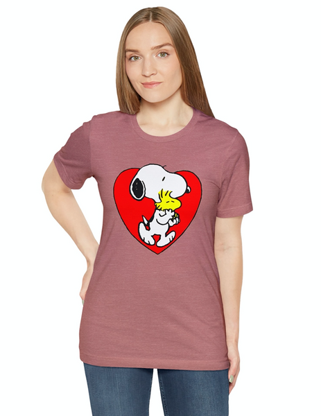 Peanuts Hug Chick Snoopy T-Shirt Tee for Youth, Bday Shirt, Gift for BFF, 70's, Valentine's Day Shirt, Valentines Tee, Plus Size Shirt, % 100 Cotton Custom Shirt, Valentine Snoopy and Woodstock Lots of Love Short Sleeve T-Shirt