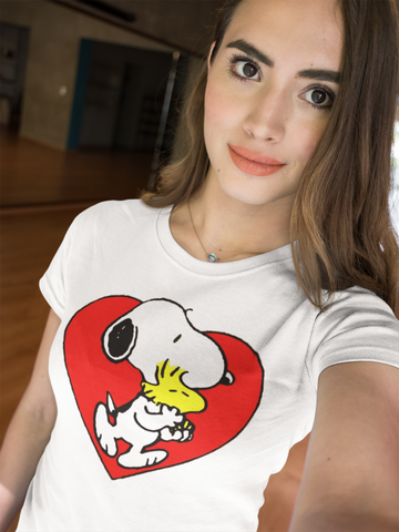Peanuts Hug Chick Snoopy T-Shirt Tee for Youth, Bday Shirt, Gift for BFF, 70's, Valentine's Day Shirt, Valentines Tee, Plus Size Shirt, % 100 Cotton Custom Shirt, Valentine Snoopy and Woodstock Lots of Love Short Sleeve T-Shirt