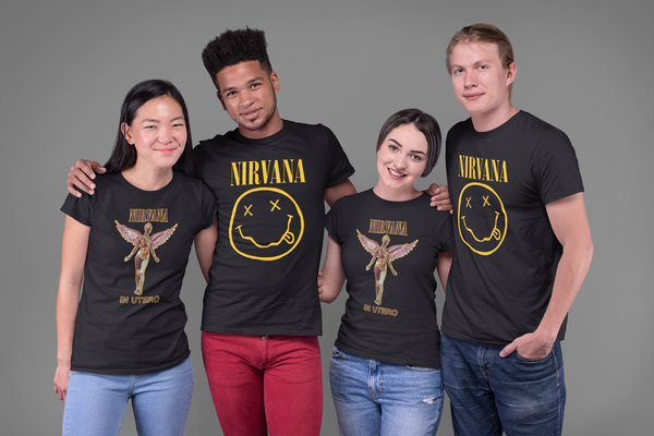 Nirvana One Sided Smile T-Shirt, Nirvana in Utero Angel Splatter T-Shirt - Black,  Yellow Smiley Band Logo Official, Utero Top, Oversized Nirvana Graphic Tee, Plus Size Shirt, % 100 Cotton Custom Shirt, Curt Cobain Fan Tee