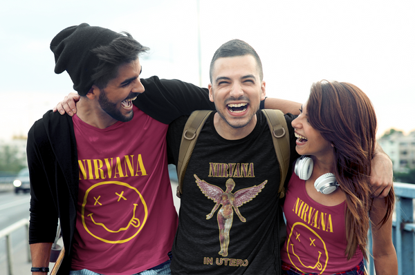 Nirvana One Sided Smile T-Shirt, Nirvana in Utero Angel Splatter T-Shirt - Black,  Yellow Smiley Band Logo Official, Utero Top, Oversized Nirvana Graphic Tee, Plus Size Shirt, % 100 Cotton Custom Shirt, Curt Cobain Fan Tee