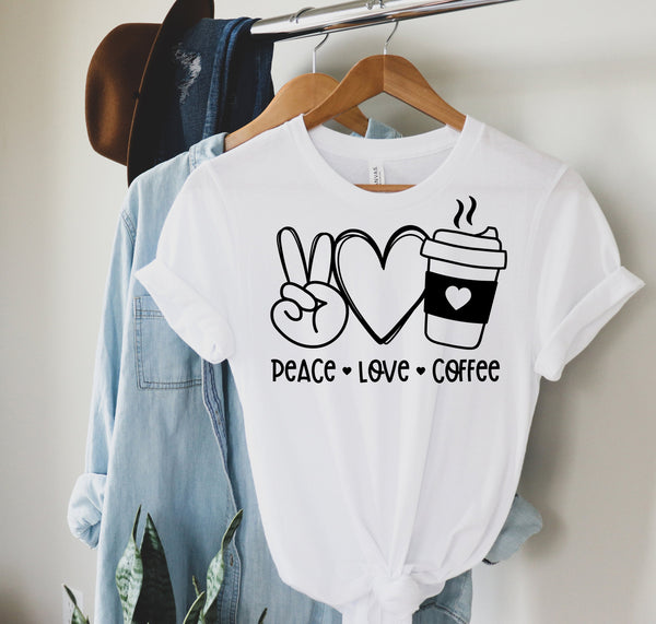 Peace Love Coffee, peace love Shirt, Coffee Shirt, Valentine Day Shirt, Best Gift Shirt, Gift For Her, Gift For Him, White