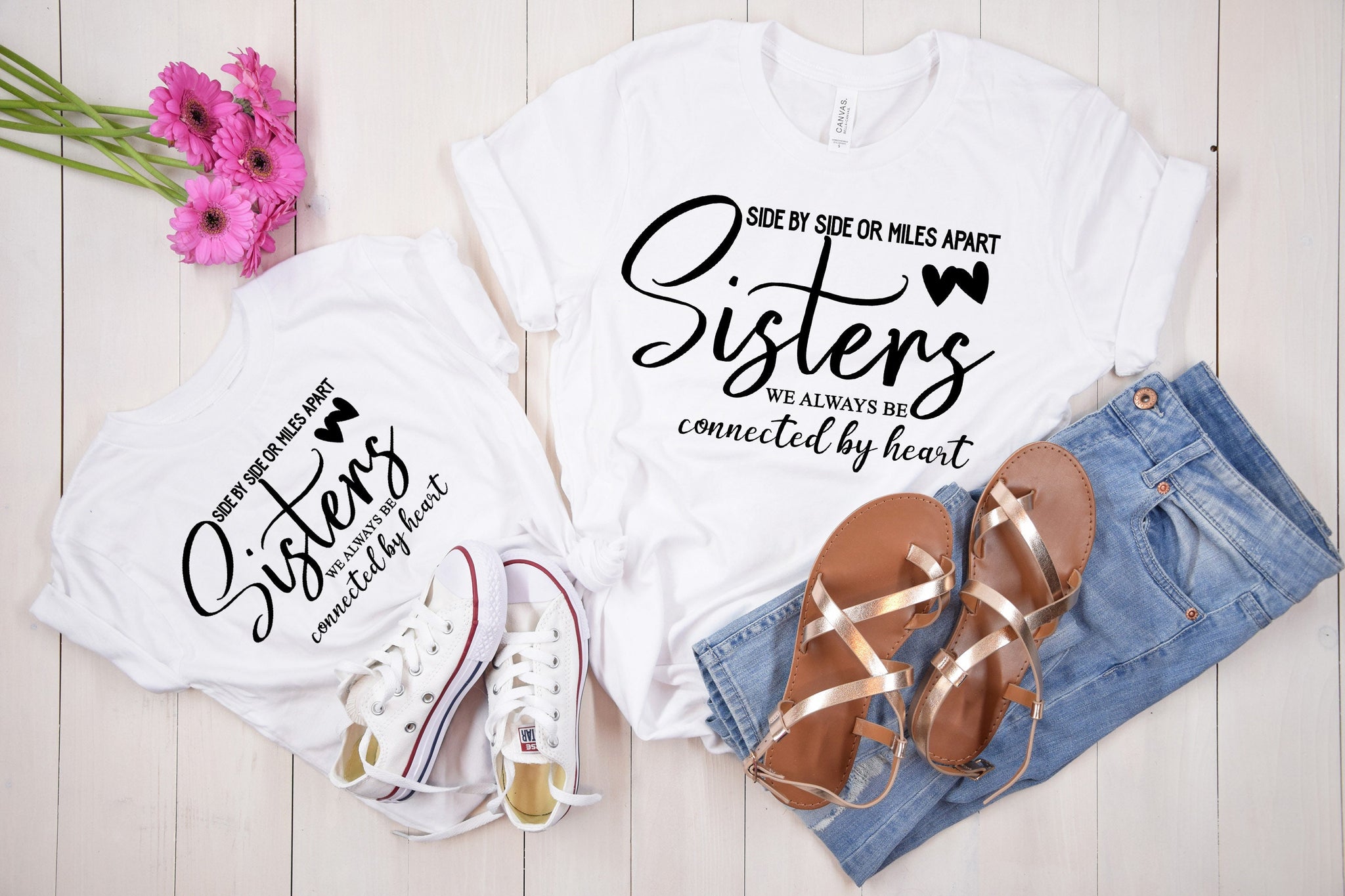 Sisters T-Shirt,Woman T-Shirt,Best Gift for Sisters, Best Quality,We always be shirt,connected by heart tee,Side by side or miles apart