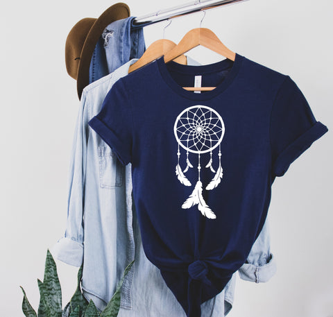 Dreamcatcher T-Shirt, Native Dream Catcher Cotton Tee, Dreamer Woman Shirt, Glitter Accent Feathers, Tribal Feathers Shirt, Gift for Xmas