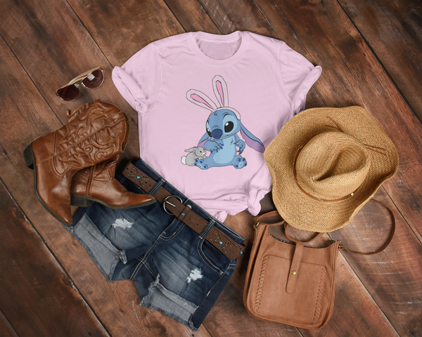 Disney Easter Stitch Bunny T-Shirt, Stitch Easter T-Shirts for Men, and Women, Lilo and Stitch T-Shirts for Easter, Funny Easter Bunny Top for Youth ,Unisex T-shirt , Family Birthday Gift